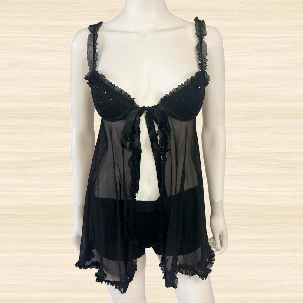 Victoria's Secret Sexy Little Things 34B Black Sheer Mesh Babydoll Lingerie Y2K